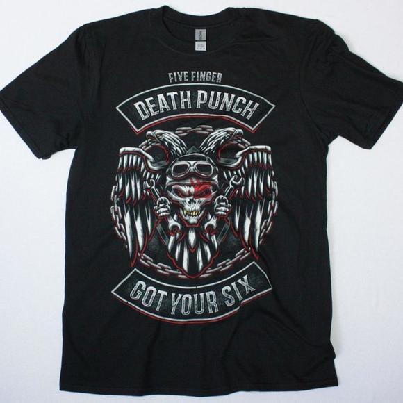 Five Finger Death Punch Biker Badge Logo New Black T-Shirt - Picture 1 of 4